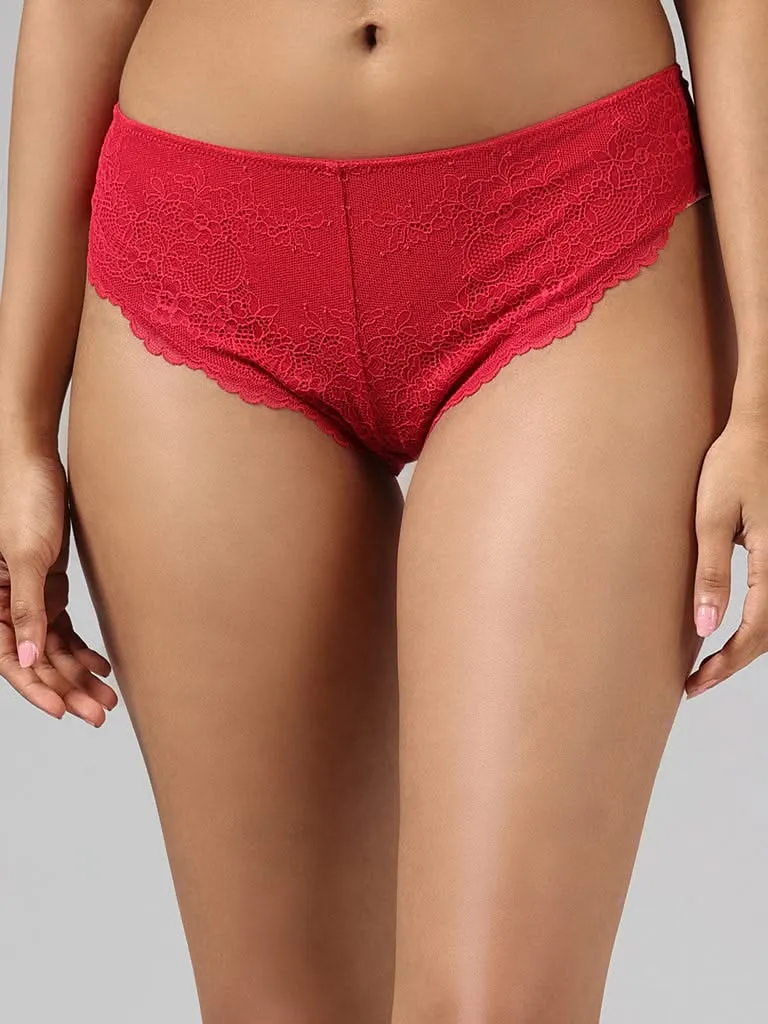 Wunderlove Dark Red Cotton Blend Lace Insert Brazilian Brief