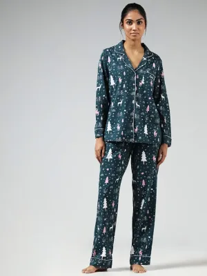 Wunderlove Green Reindeer Printed Cotton Shirt and Pyjama Set