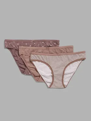 Wunderlove Light Taupe Printed Cotton Blend Bikini Briefs - Pack of 3