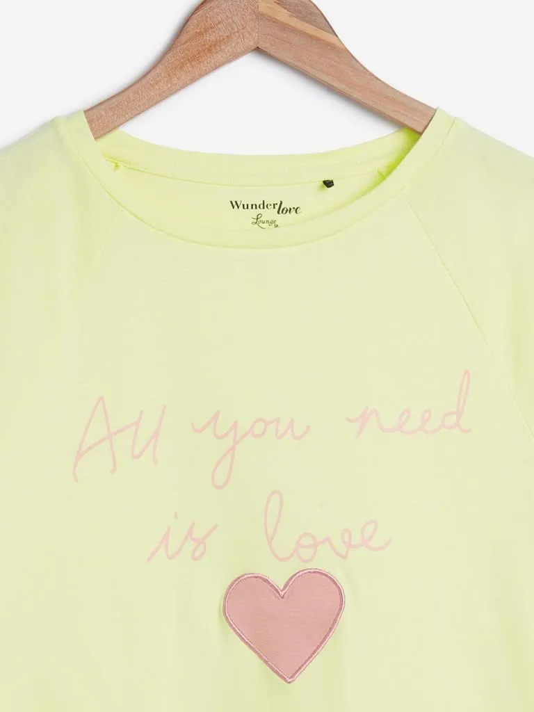 Wunderlove Light Yellow Text Printed T-Shirt