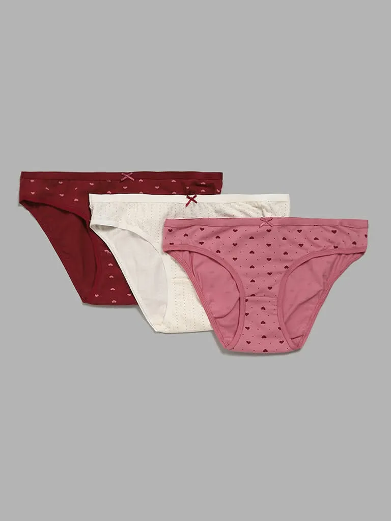 Wunderlove Maroon Printed Bikini Briefs - Pack of 3