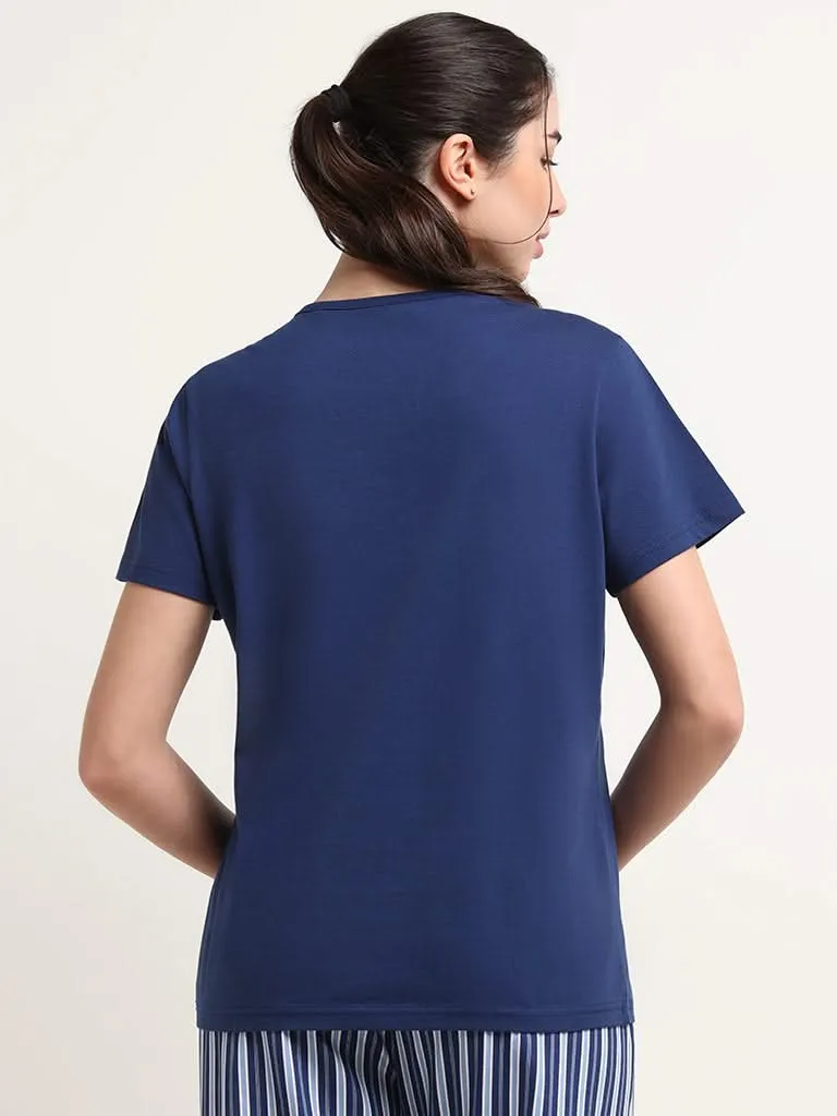 Wunderlove Navy Contrast Printed Cotton T-Shirt