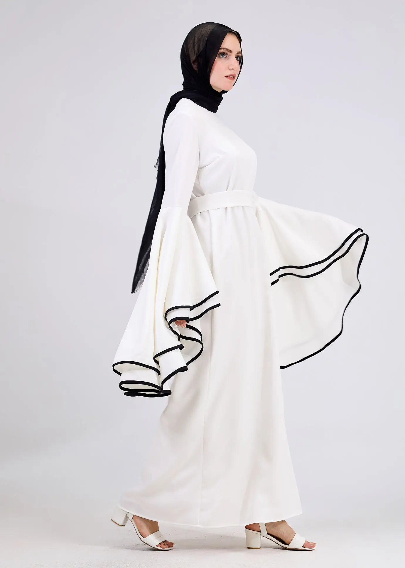 Wurood Elegant White Flared Sleeve Modest Dress with Black Trim