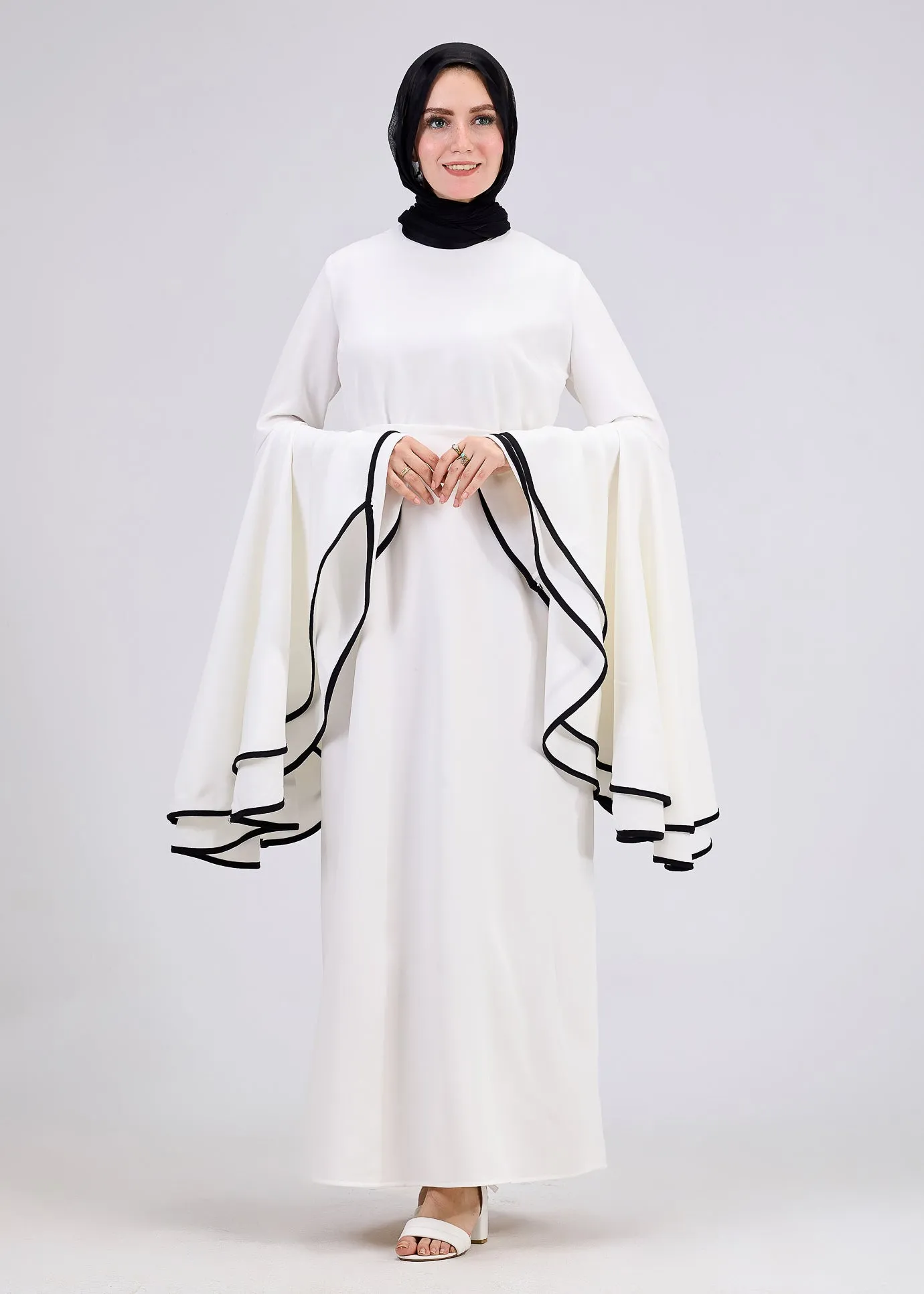 Wurood Elegant White Flared Sleeve Modest Dress with Black Trim