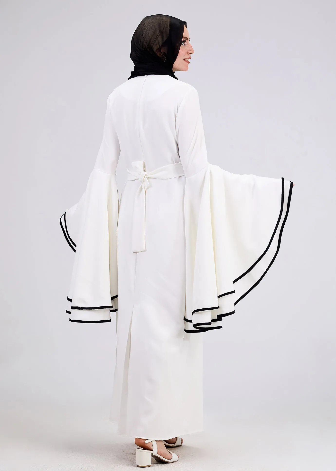 Wurood Elegant White Flared Sleeve Modest Dress with Black Trim