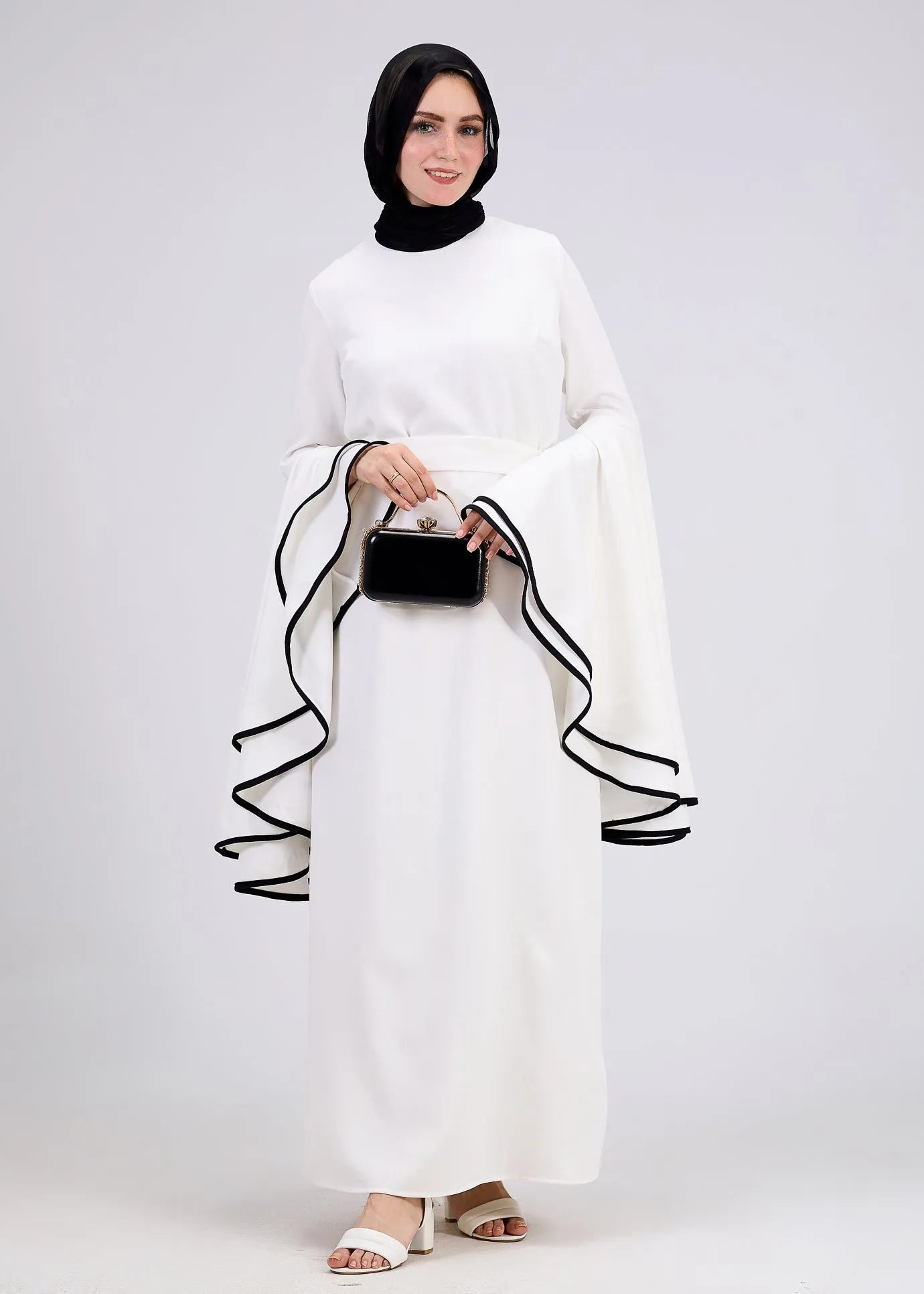 Wurood Elegant White Flared Sleeve Modest Dress with Black Trim