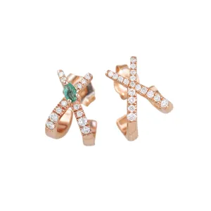 X Huggie Diamond Earrings with Pear-Shaped Emerald