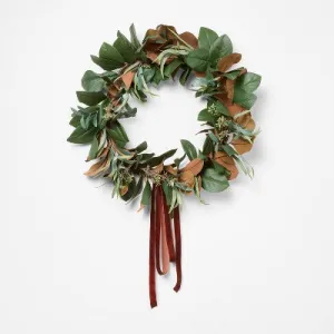 XL Magnolia and Olive Artificial Wreath with Ribbon Brown - Threshold designed with Studio McGee: Indoor Decor, Unlit, Polyester