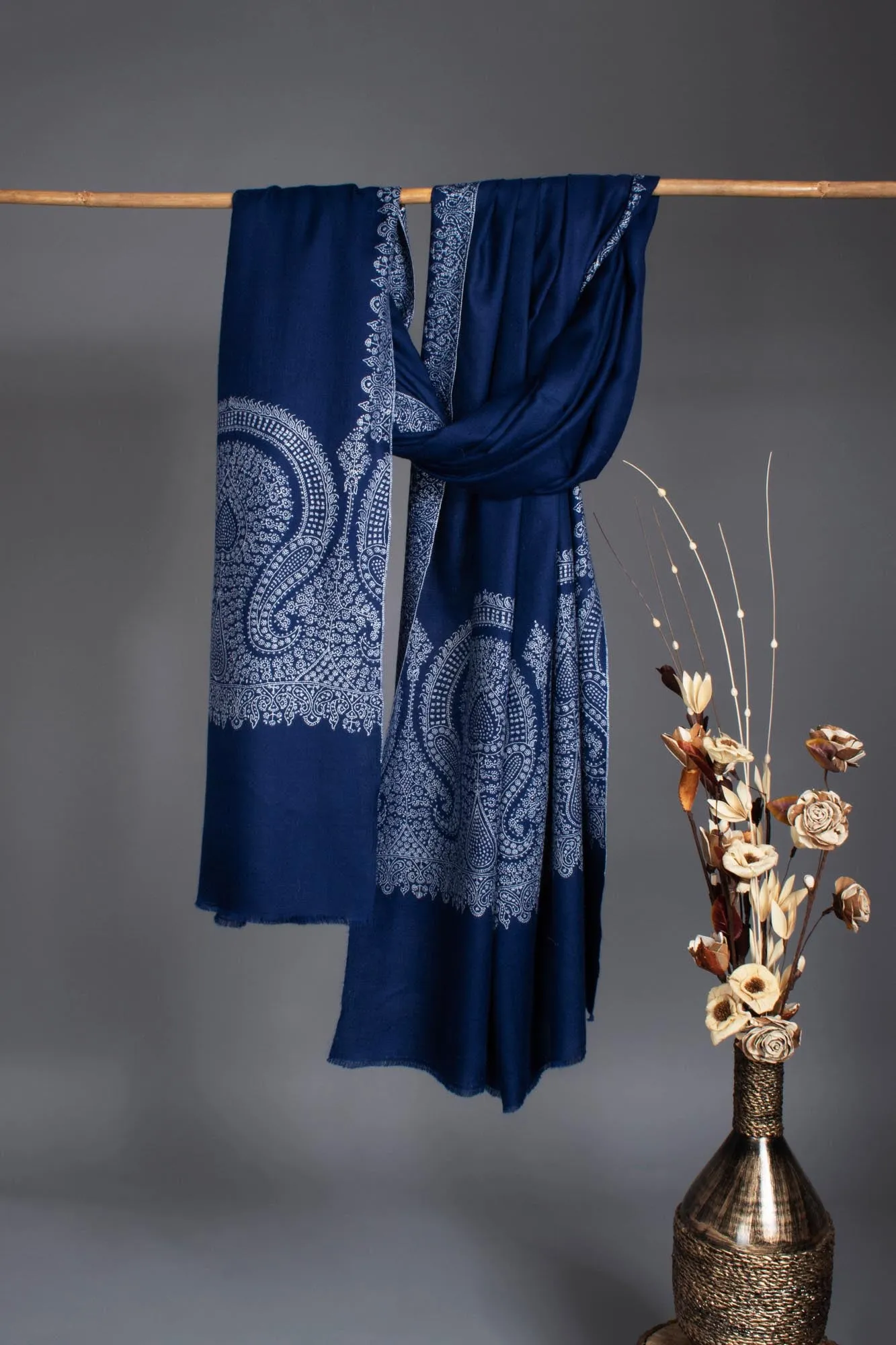 XL Prussian Blue Pashmina Wrap with Palla Embroidery - SAIDPUR