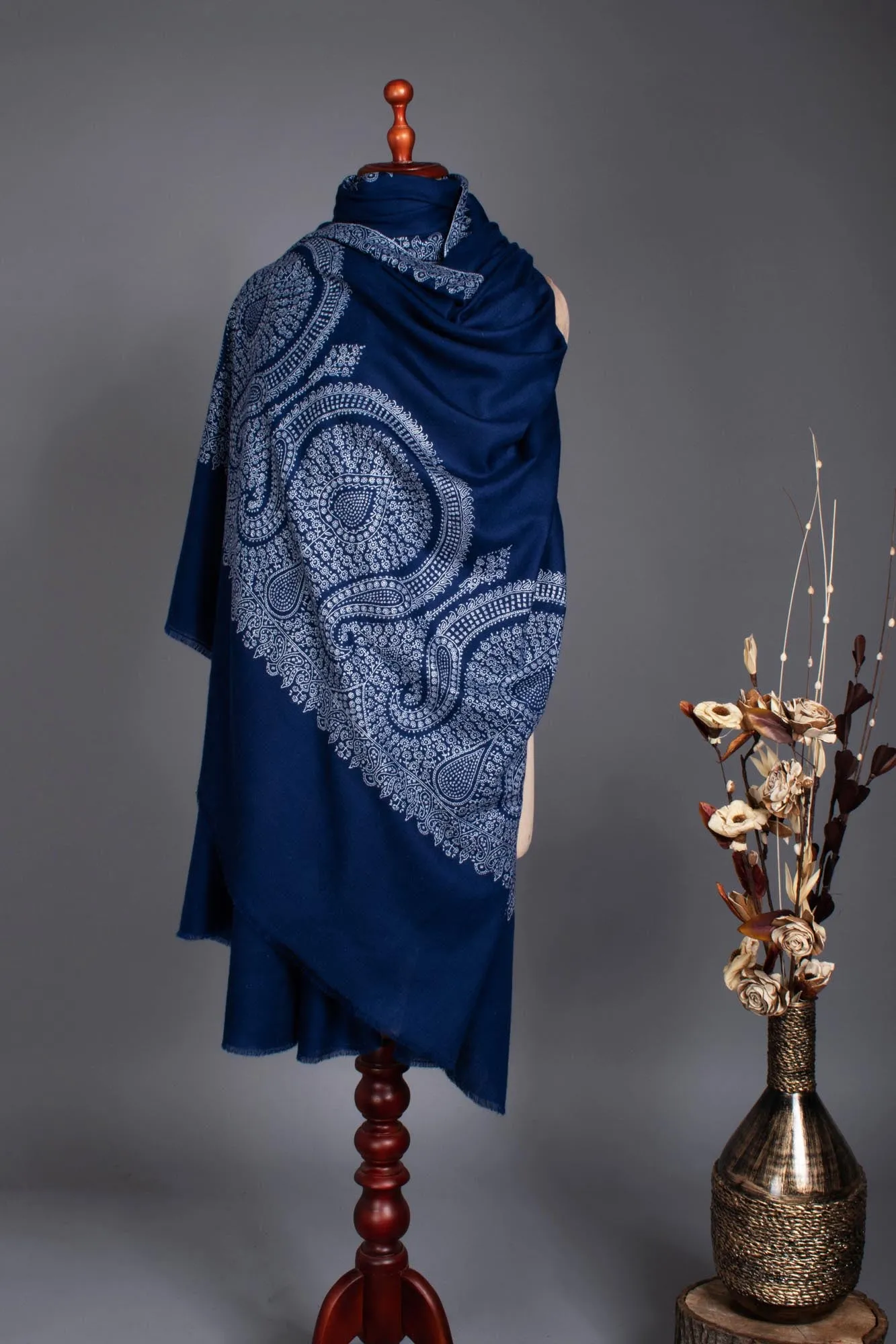 XL Prussian Blue Pashmina Wrap with Palla Embroidery - SAIDPUR