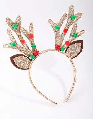 Xmas Fabric Green & Red Pompom Reindeer Headband