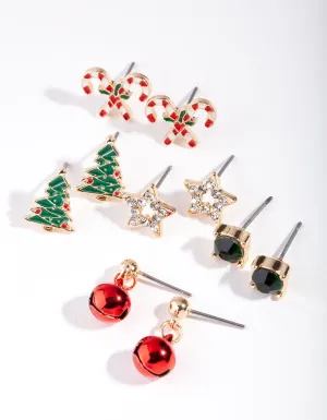 Xmas Gold Candy Tree & Star Stud Earring 5-Pack