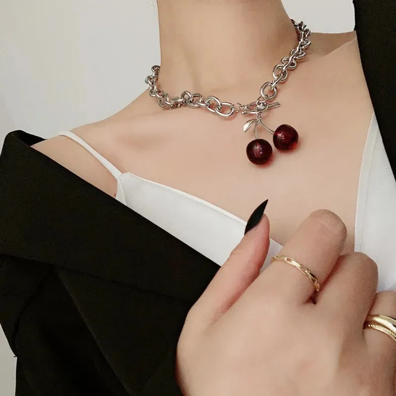 Y2k Black Cherry Hip Hop Pendant Necklace Women Korean Fashion Gift Charm Chain Collar Choker Vintage Cheep Stuff New In Jewelry