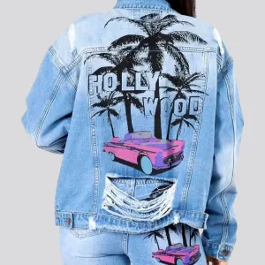 Y2k palms-print denim jacket for ladies