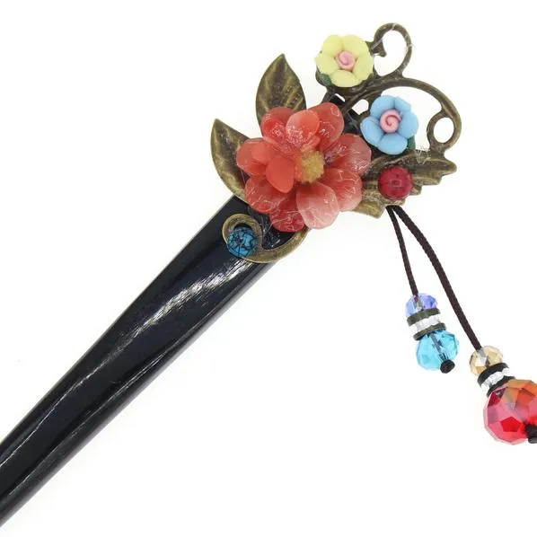 Yak Horn Hair Stick with Flowers and Beaded Tassels