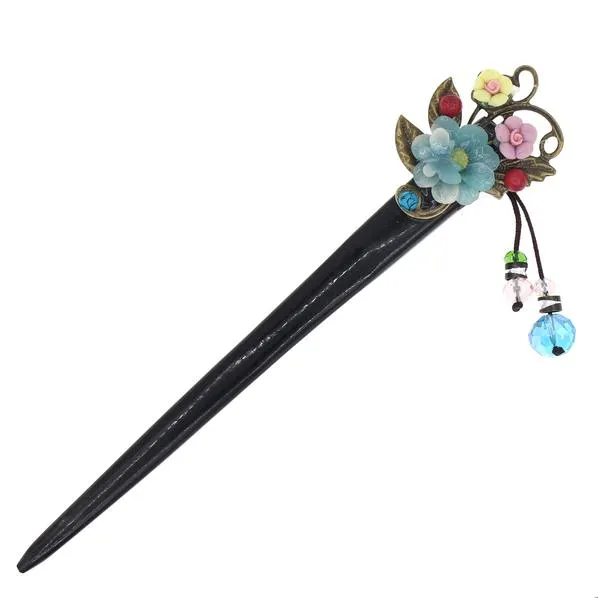 Yak Horn Hair Stick with Flowers and Beaded Tassels