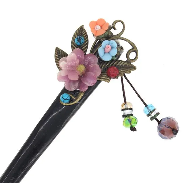 Yak Horn Hair Stick with Flowers and Beaded Tassels