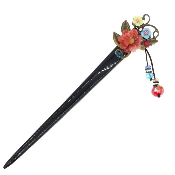 Yak Horn Hair Stick with Flowers and Beaded Tassels