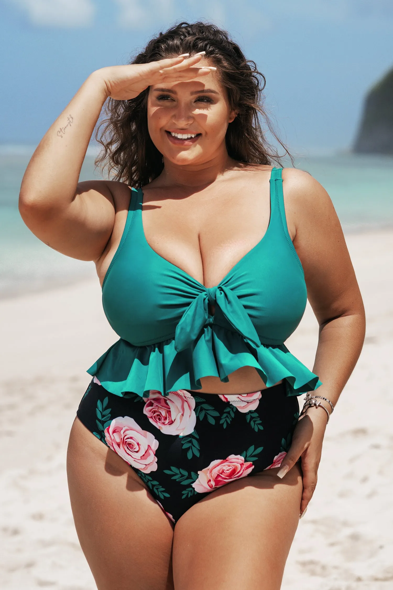 Yaritza Knotted Ruffle High Waist Plus Size Tankini