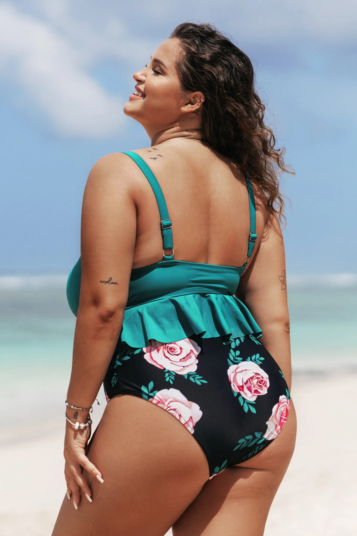 Yaritza Knotted Ruffle High Waist Plus Size Tankini