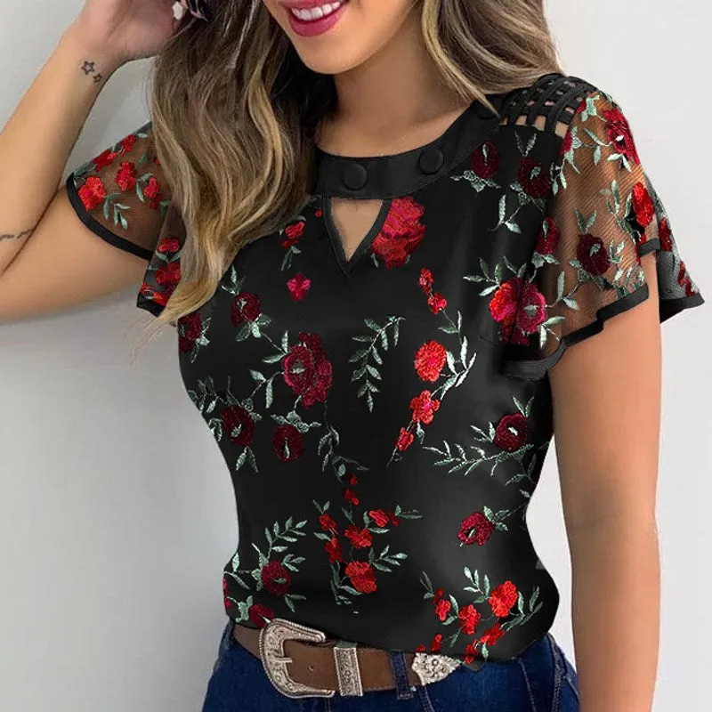 Yeknu Summer Women Shirts Elegant Butterfly Short Sleeves Blouse Ruffle Tops Solid Hollow Out Loose Floral Embroidery Casual Lady Tops