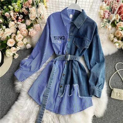 Yeknu Women's Blouse Autumn Long Sleeve Shirt Tops Jeans Patchwork Plaid Blouses Elegantes Blusas para mujer Slim Shirt Dress