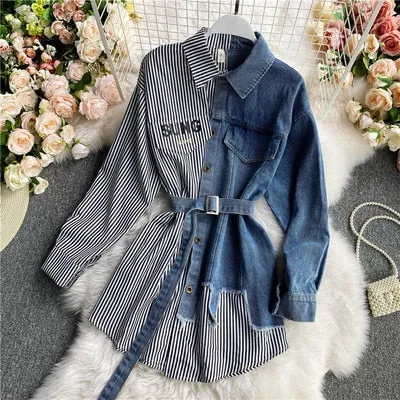 Yeknu Women's Blouse Autumn Long Sleeve Shirt Tops Jeans Patchwork Plaid Blouses Elegantes Blusas para mujer Slim Shirt Dress