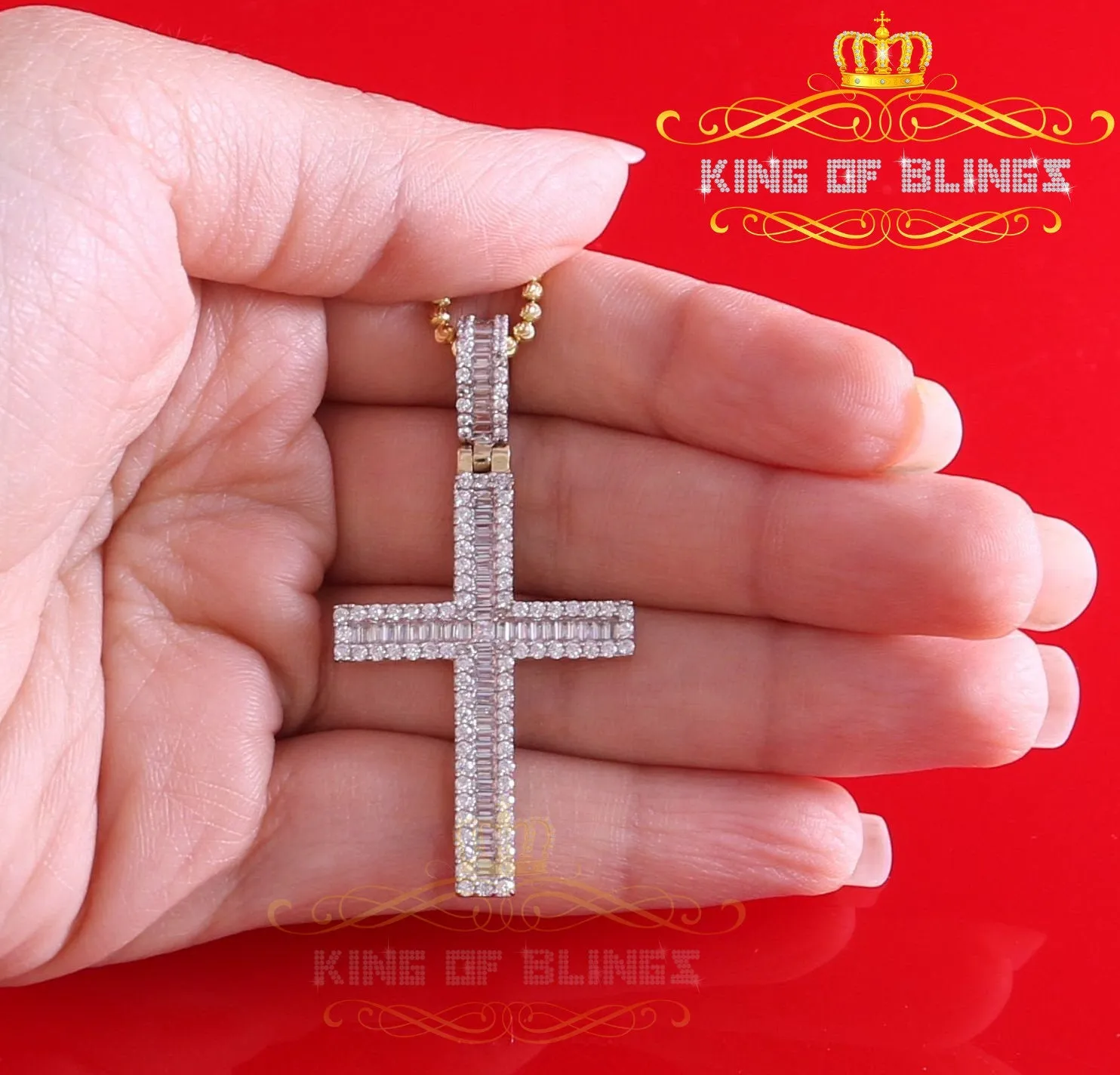 Yellow 925 Sterling Silver Baguette Cross Pendant with 3.22ct Cubic Zirconia