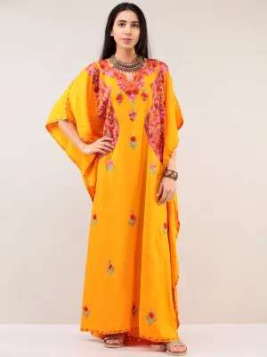 Yellow Aari Embroidered Kashmere Free Size Kaftan  - K12K037