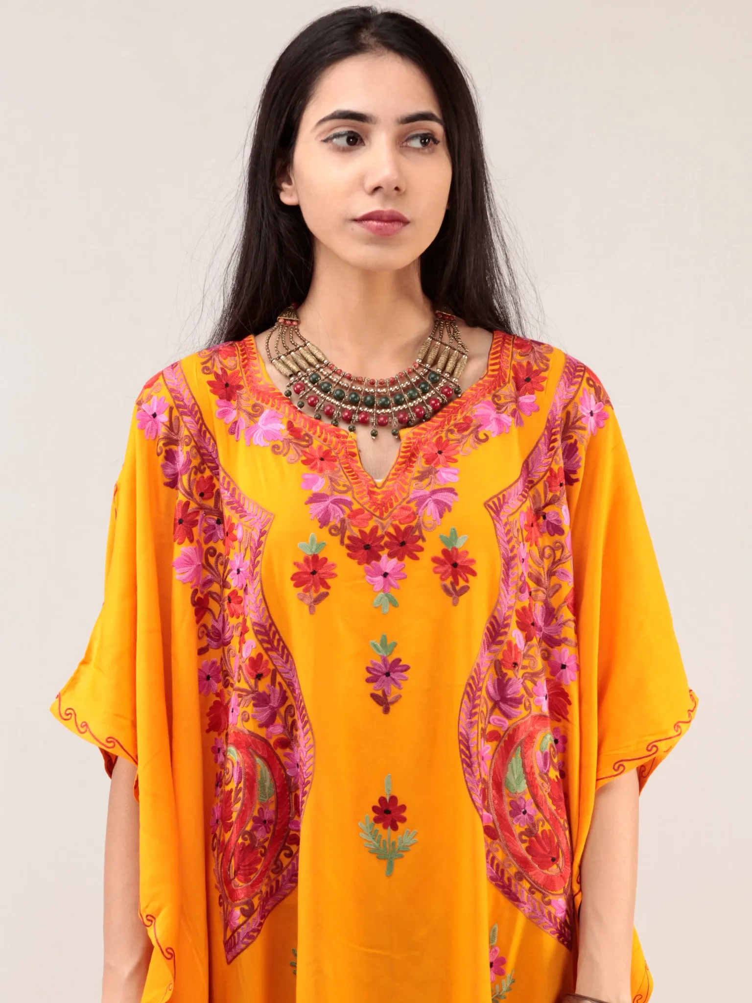 Yellow Aari Embroidered Kashmere Free Size Kaftan  - K12K037