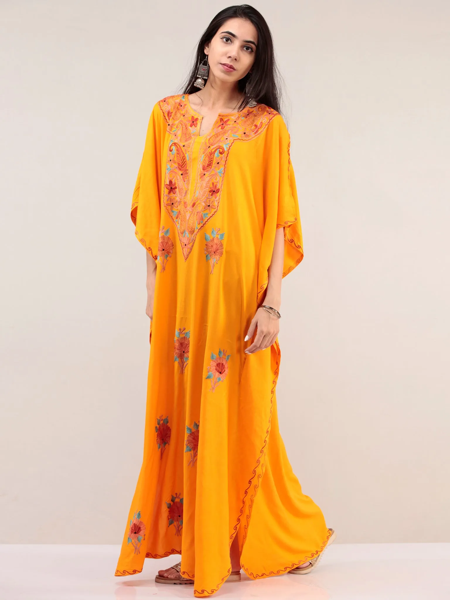 Yellow Aari Embroidered Kashmere Free Size Kaftan  - K12K068