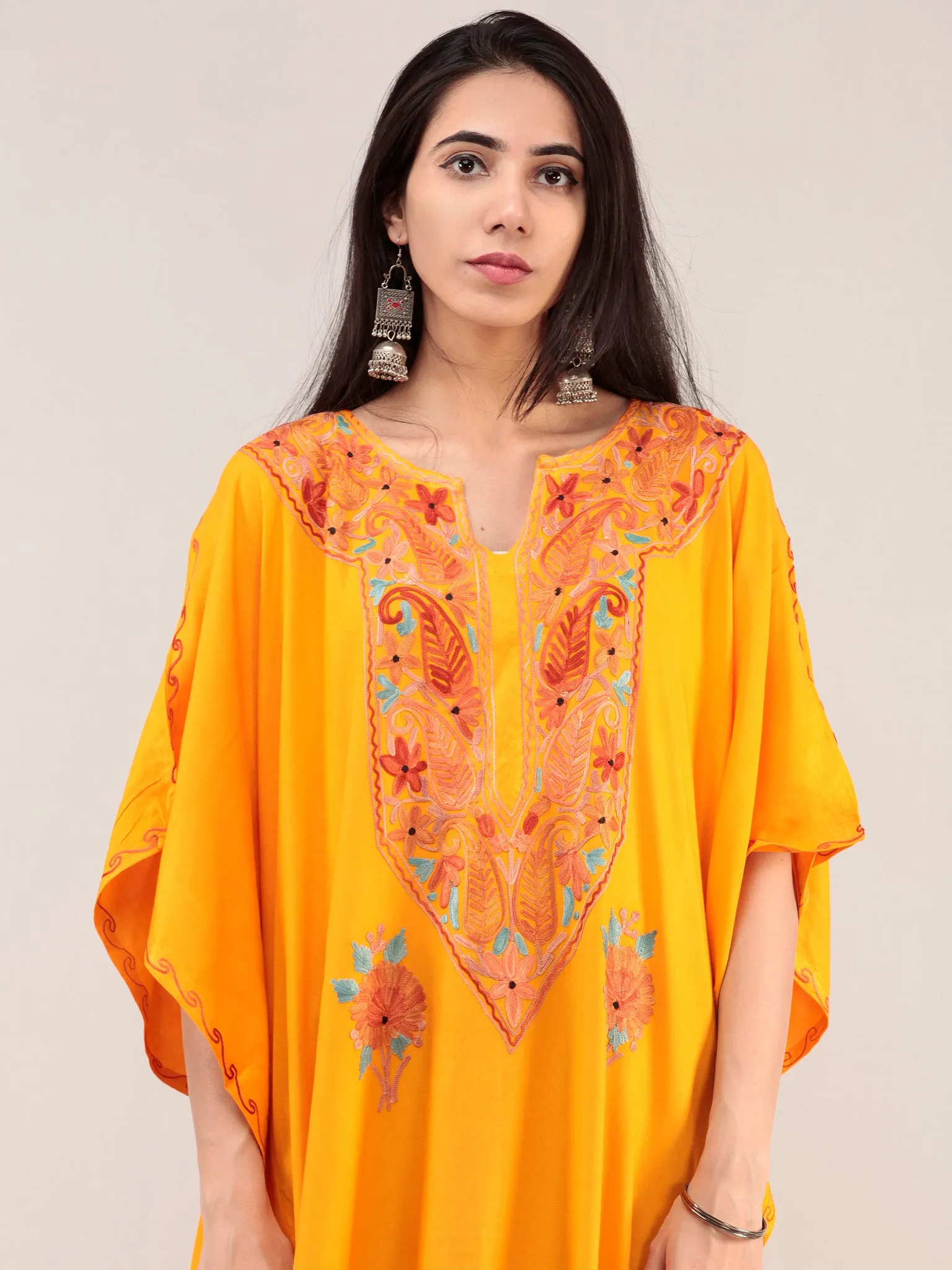 Yellow Aari Embroidered Kashmere Free Size Kaftan  - K12K068