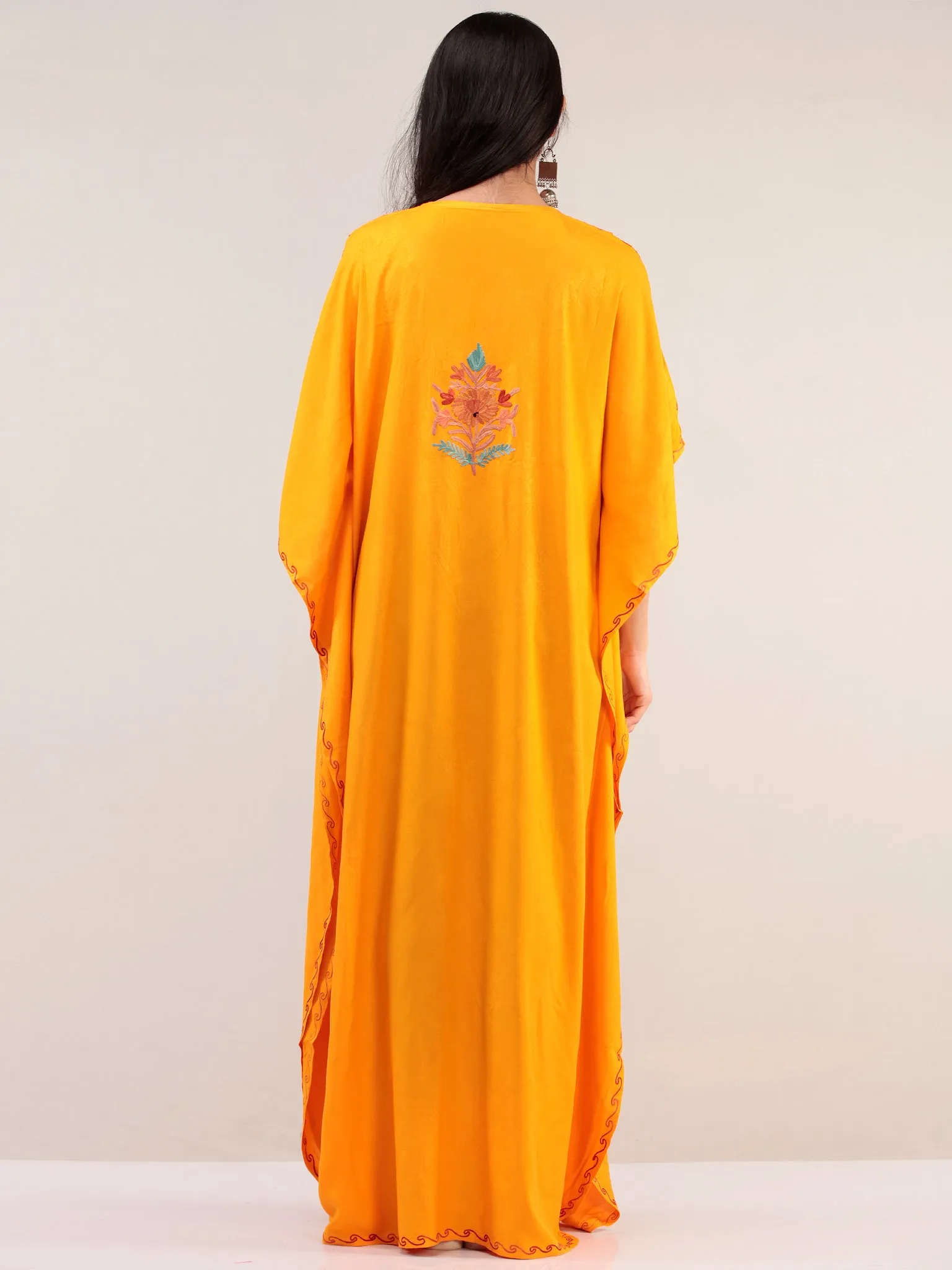 Yellow Aari Embroidered Kashmere Free Size Kaftan  - K12K068