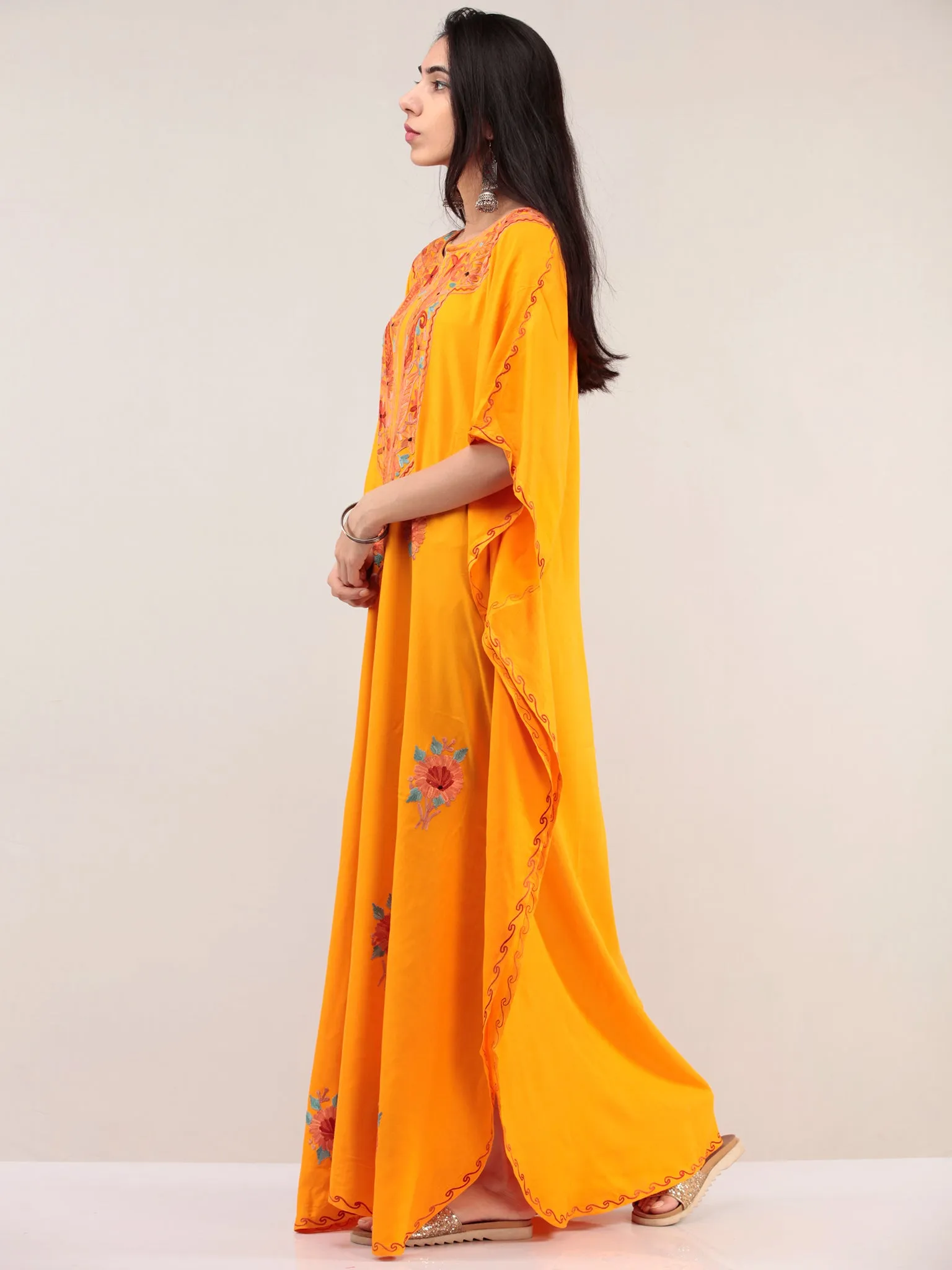 Yellow Aari Embroidered Kashmere Free Size Kaftan  - K12K068