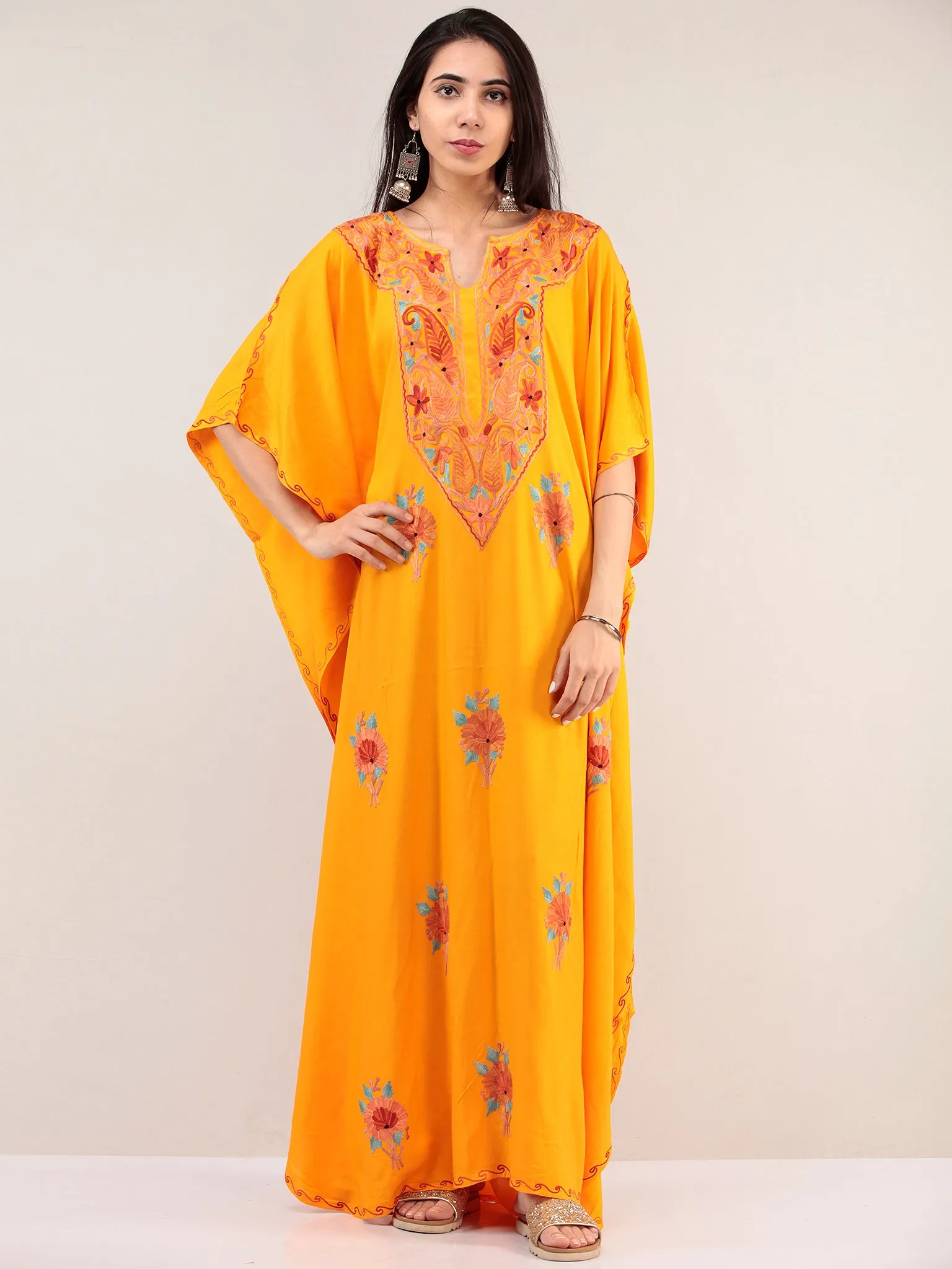 Yellow Aari Embroidered Kashmere Free Size Kaftan  - K12K068