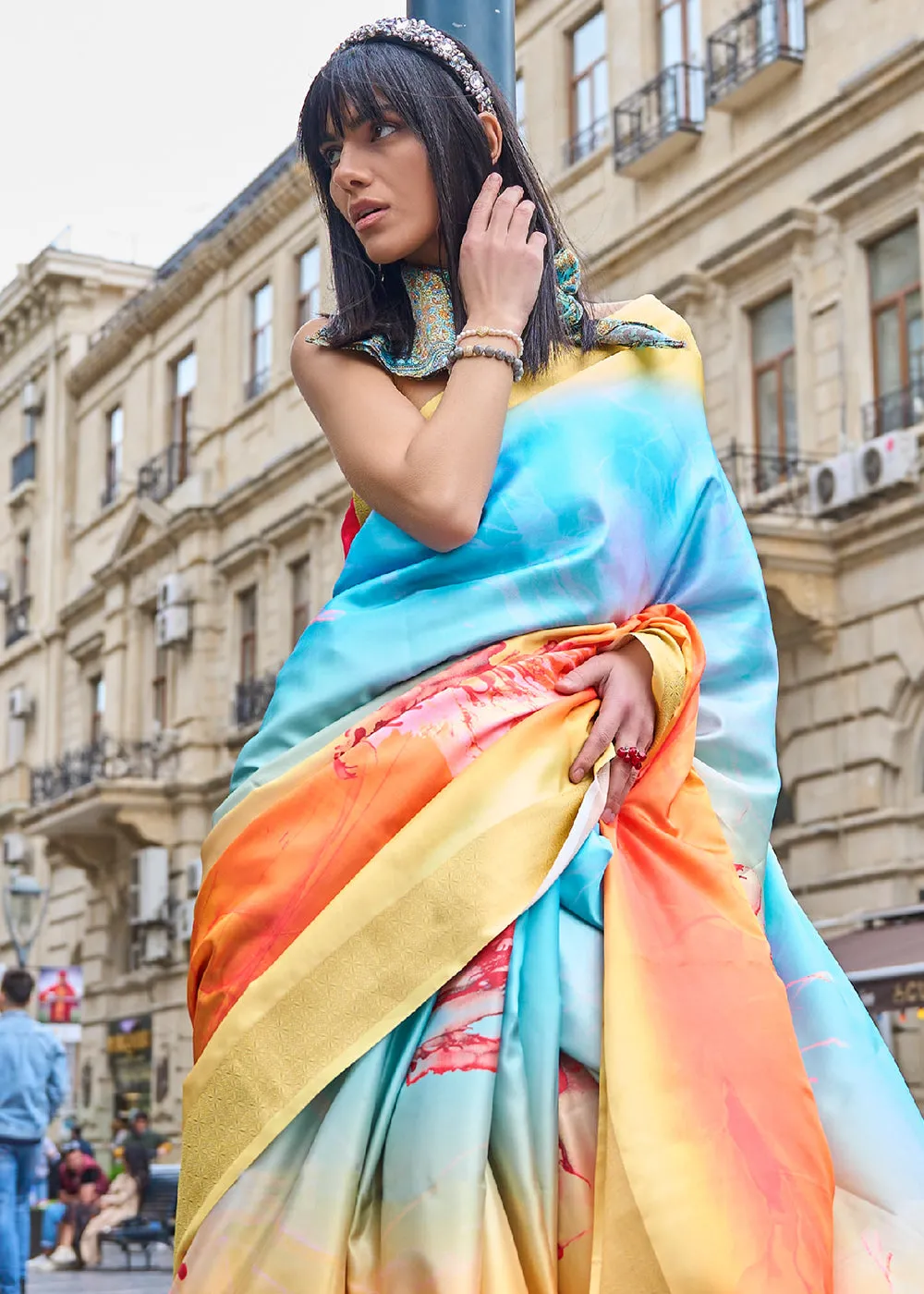 Yellow & Blue Digital Floral Printed Silk Saree