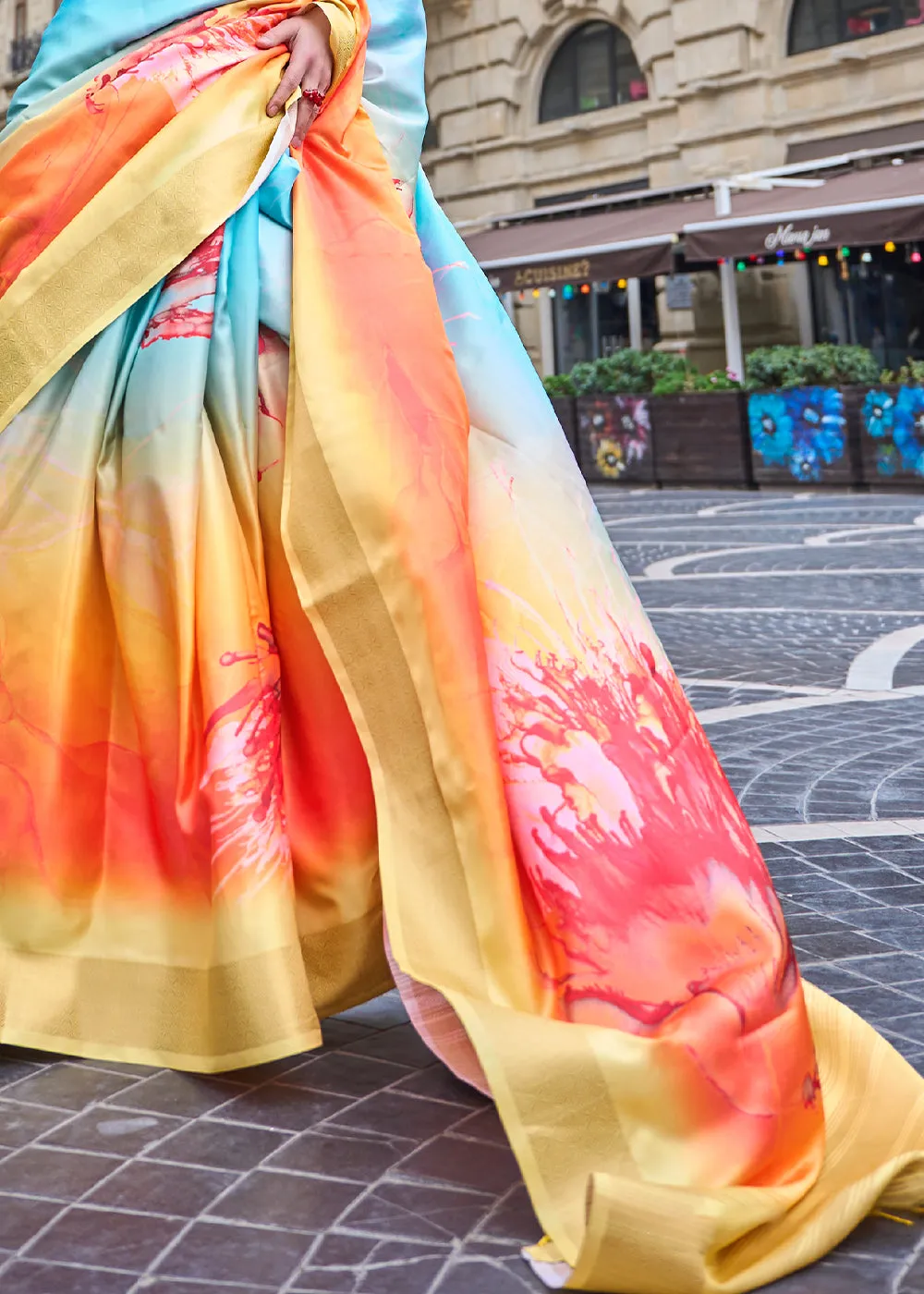 Yellow & Blue Digital Floral Printed Silk Saree