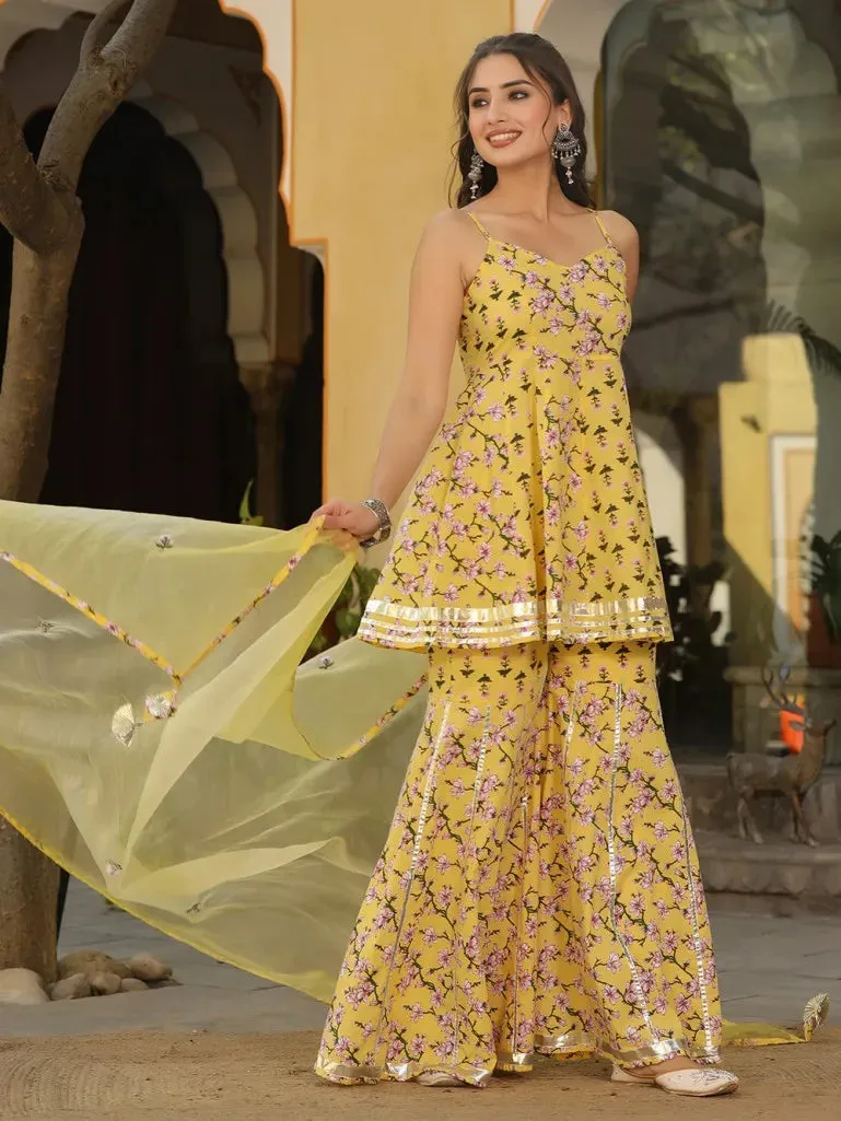 Yellow & Green Cotton Floral Print Sharara Set with Organza Dupatta