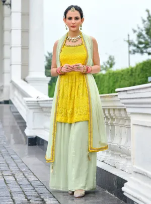 Yellow & Green Palazzo Style Viscose Georgette Peplum Suit