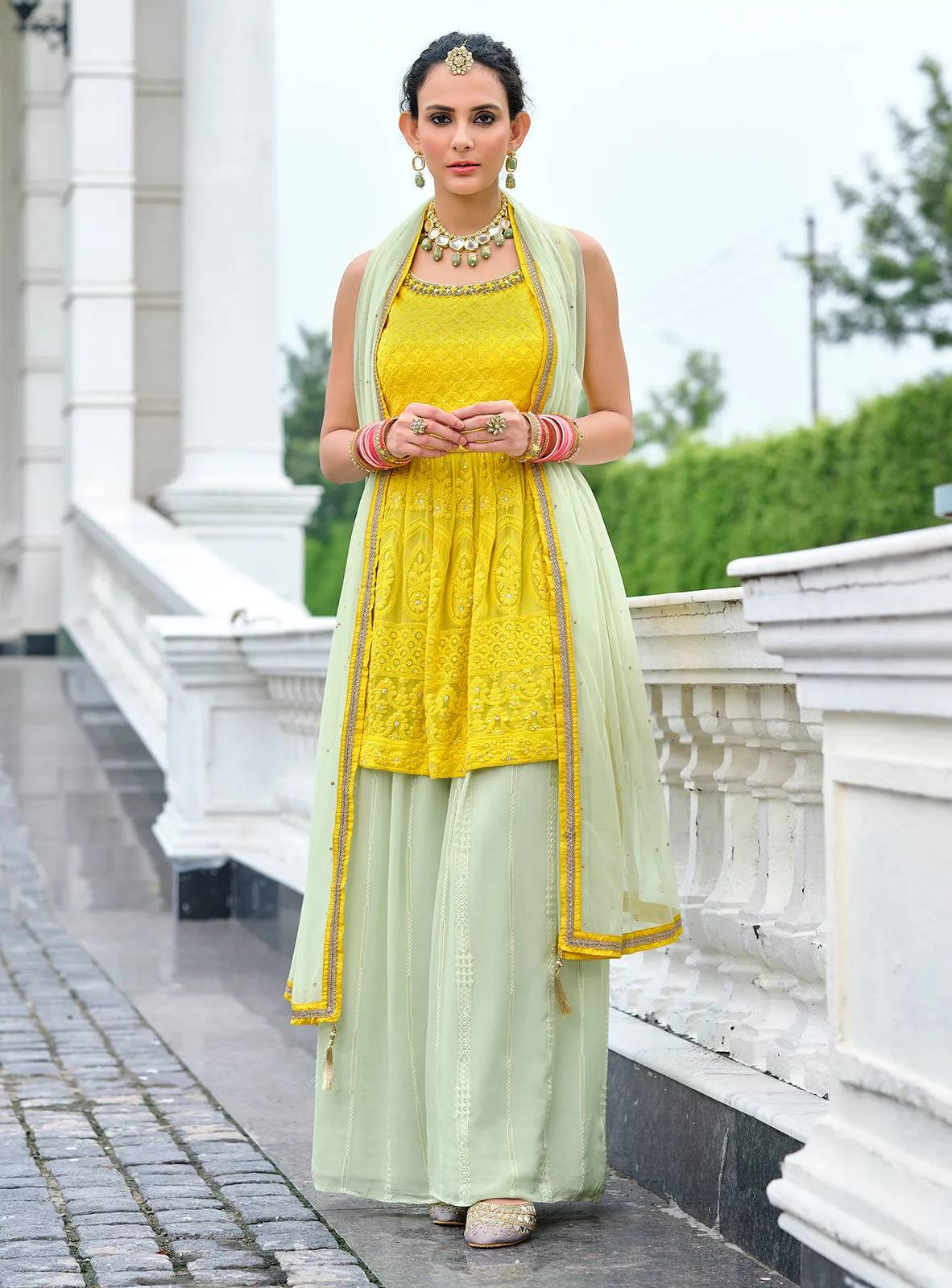 Yellow & Green Palazzo Style Viscose Georgette Peplum Suit