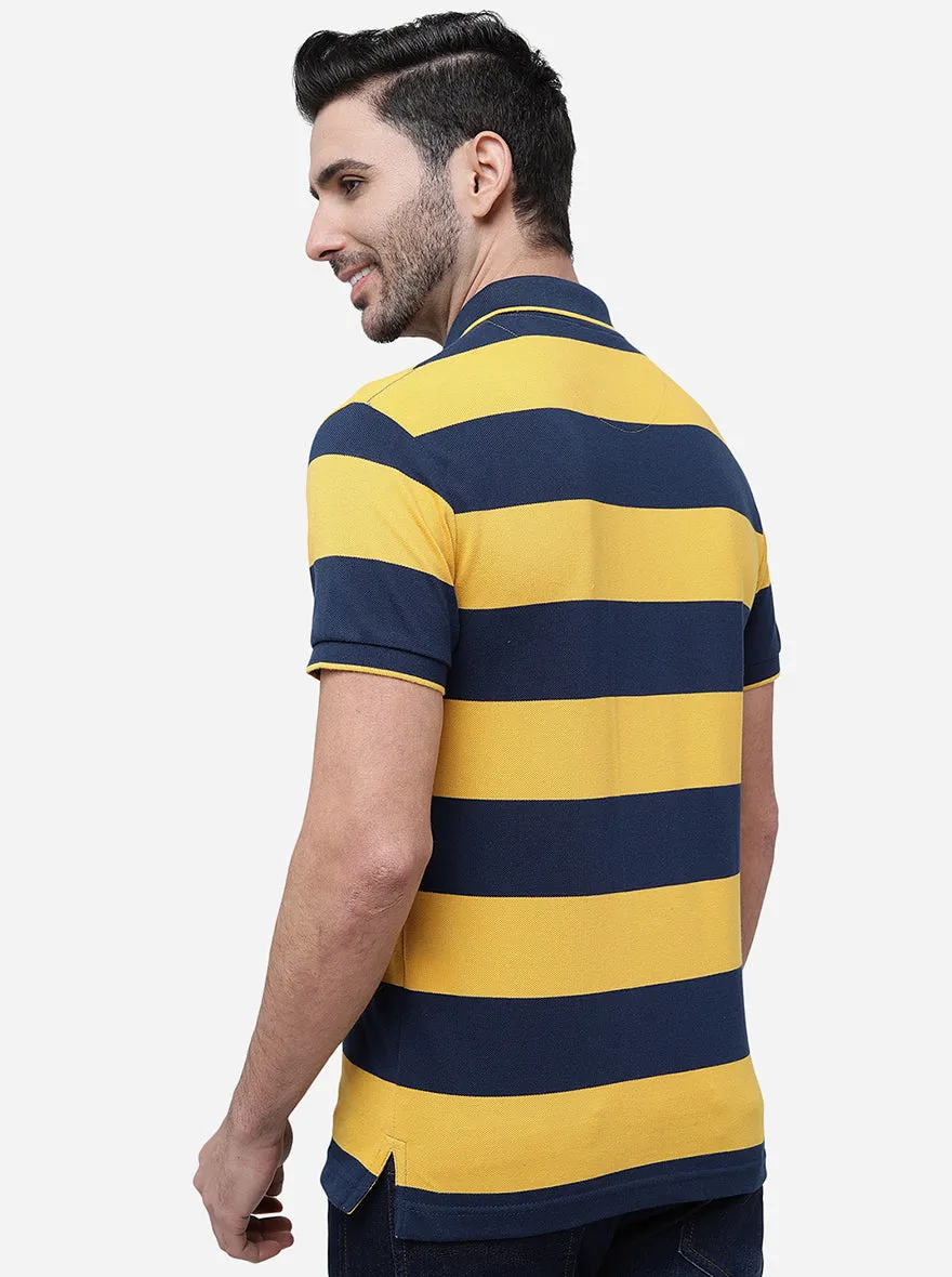 Yellow & Navy Striped Slim Fit Polo T-Shirt | Greenfibre