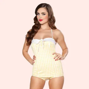 Yellow & White Gingham One Piece with Piping