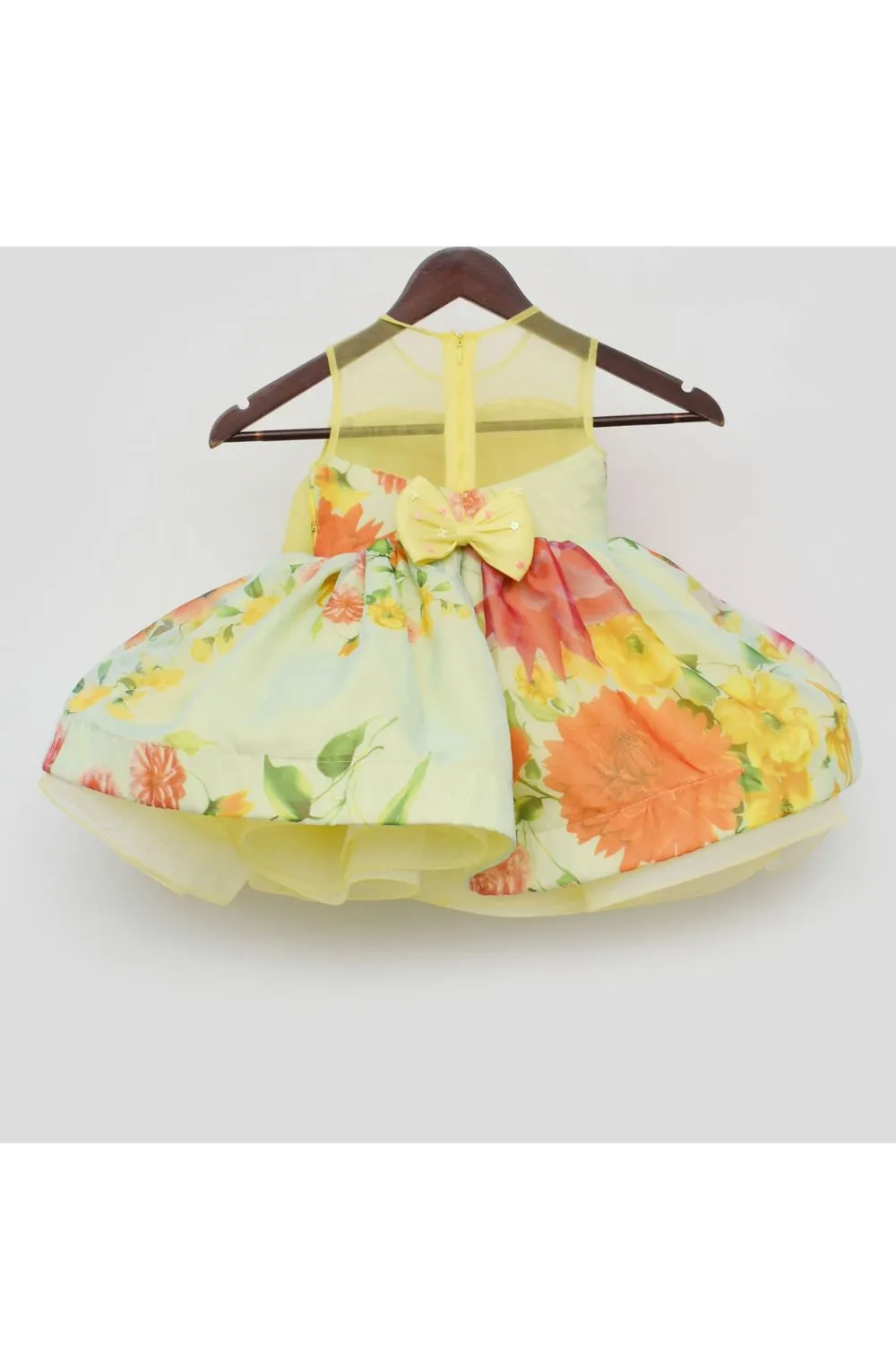 Yellow And Blue Flower Printed Organza Bow Dress