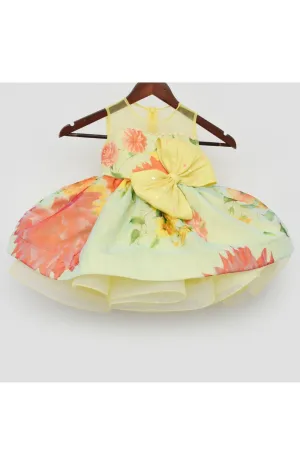 Yellow And Blue Flower Printed Organza Bow Dress