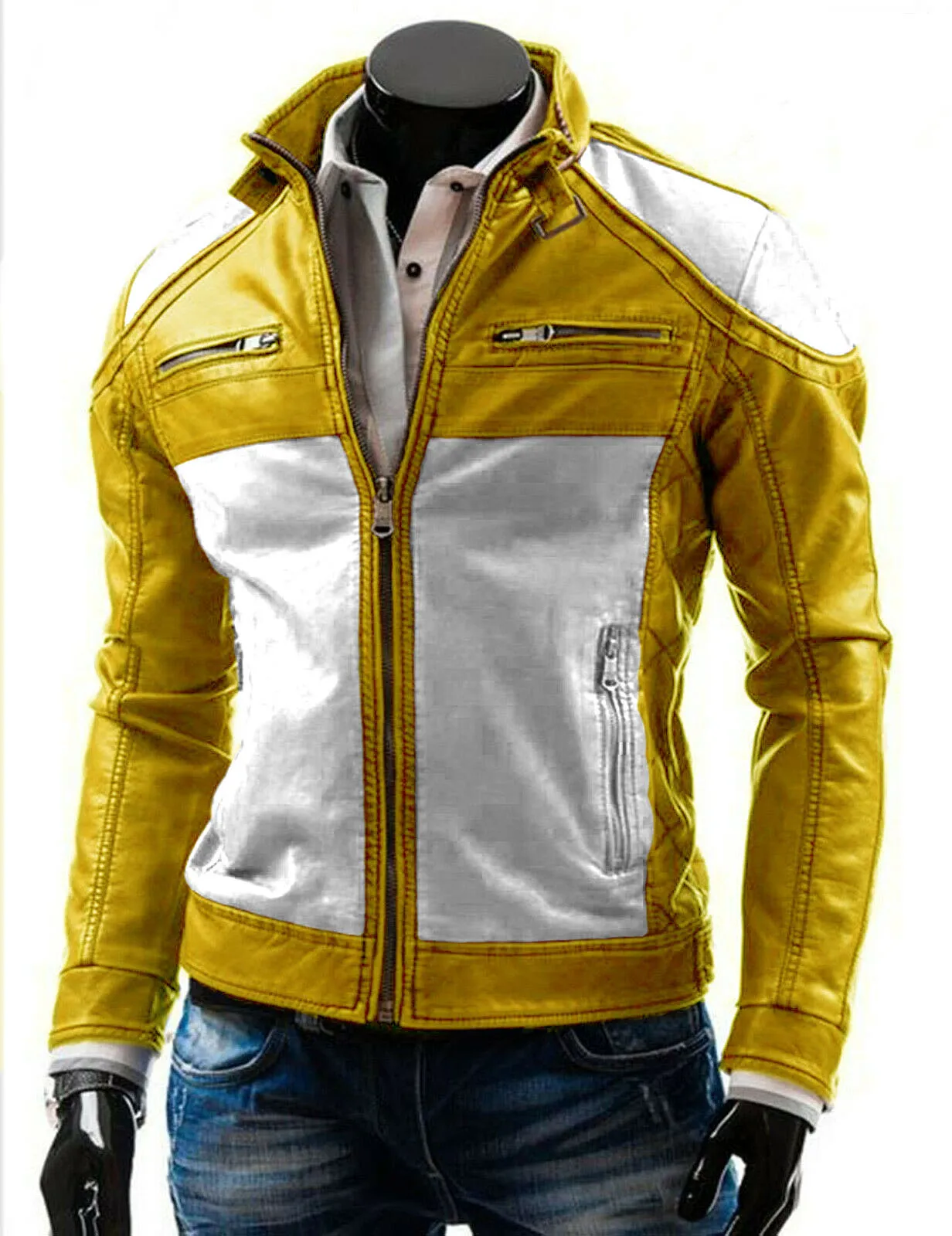 Yellow and Blue slim fit Biker Leather jacket for men