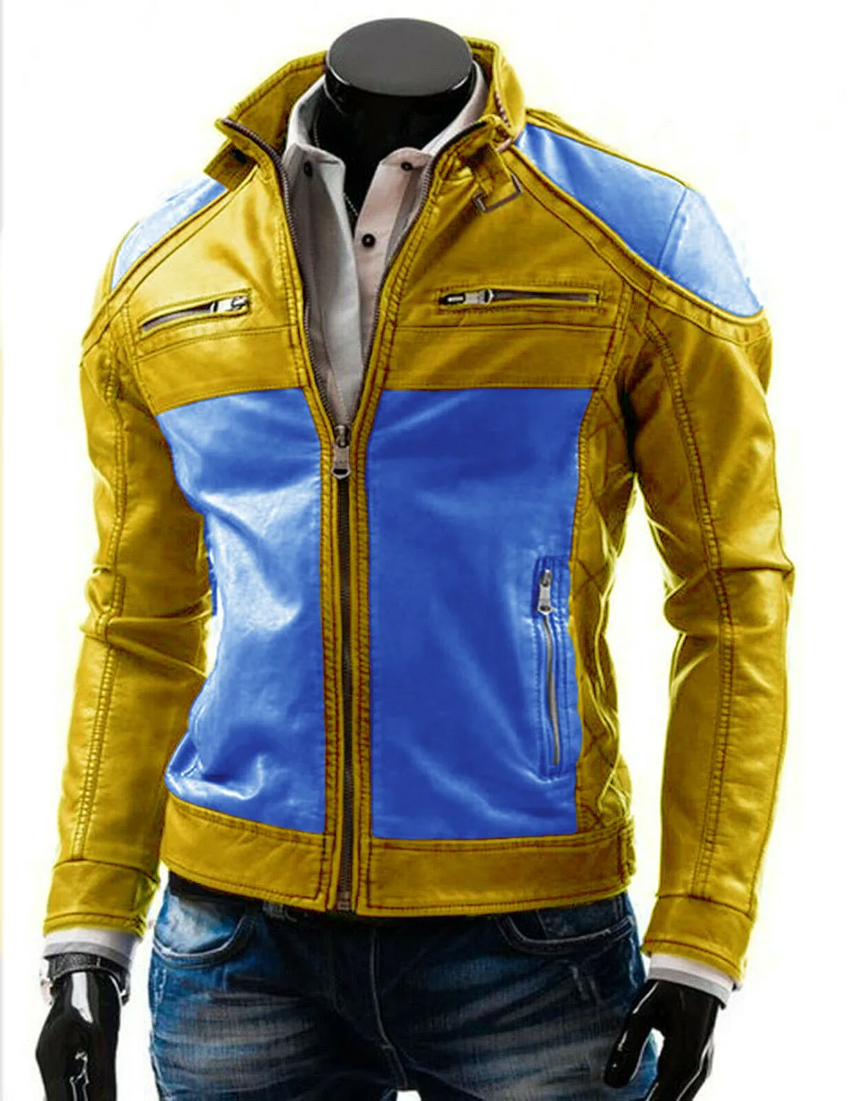 Yellow and Blue slim fit Biker Leather jacket for men