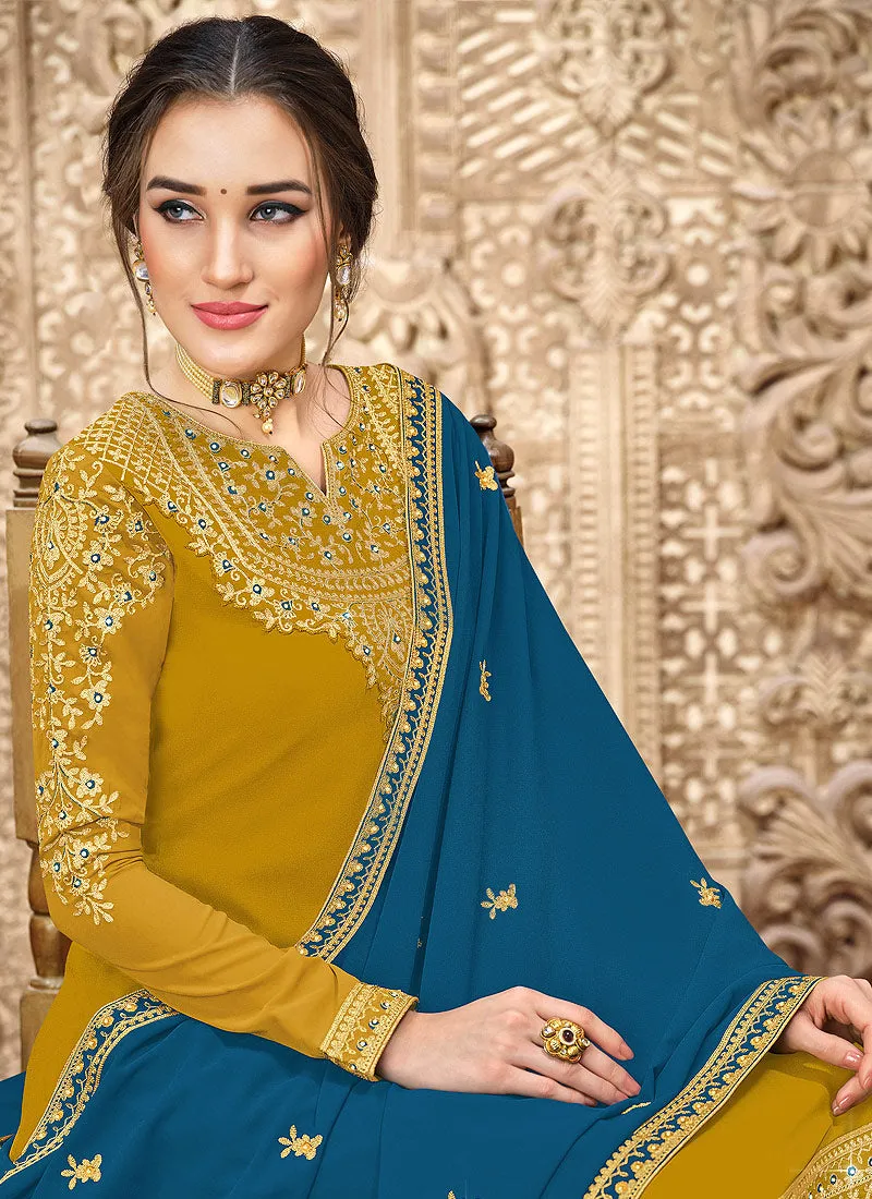 Yellow And Blue Traditional Embroidered Pant Style Suit