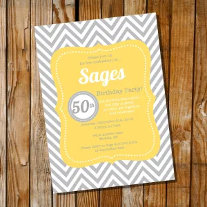 Yellow And Gray Chevron Birthday Invitation