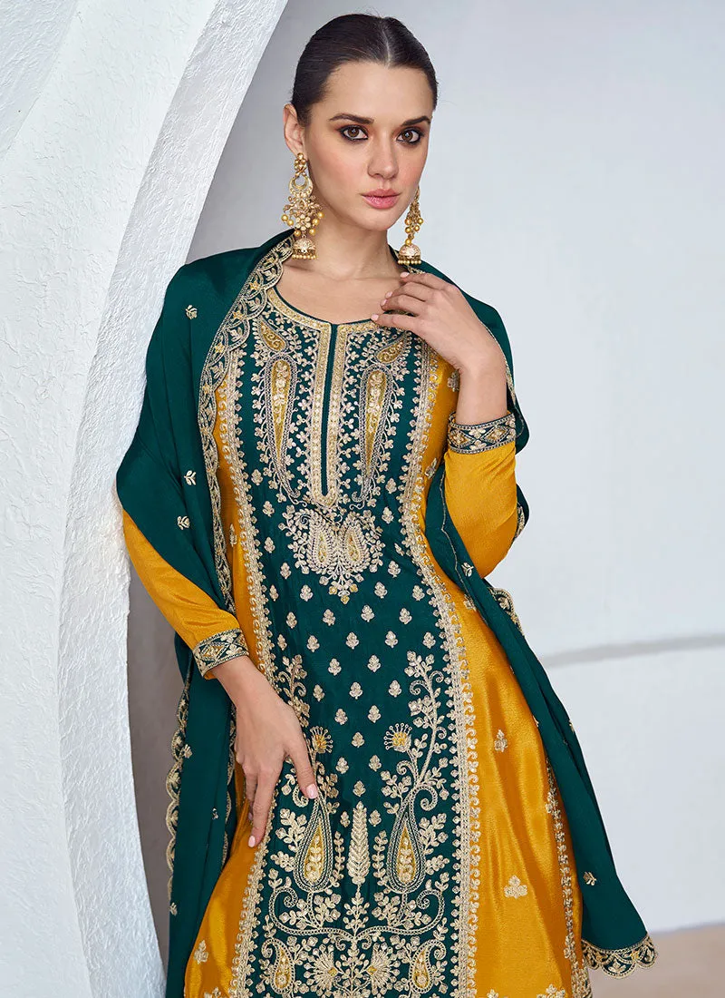 Yellow And Green Embroidered Wedding Palazzo Suit