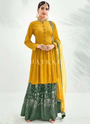 Yellow And Green Embroidery Traditional Gharara Suit